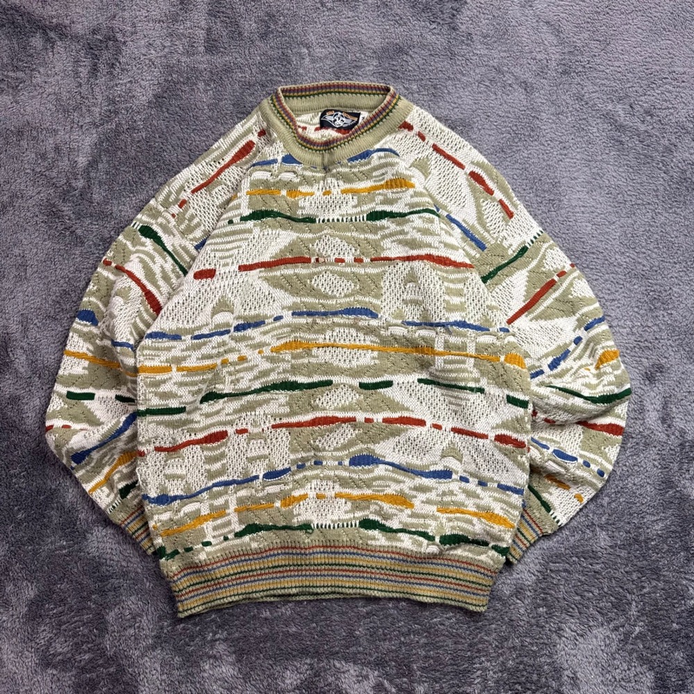 90s Bold Expression Vintage 3D Textured Knit Sweater Mens Medium Multi Color USA